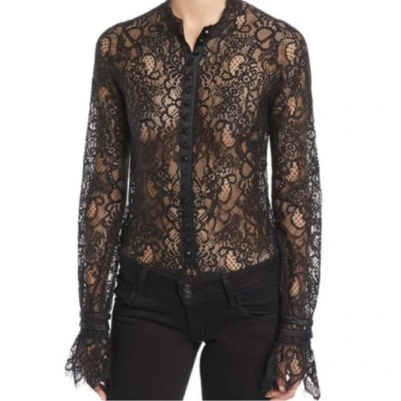 Jonathan Simkhai black lace long sleeve bodysuit button front size medium - Picture 1 of 8